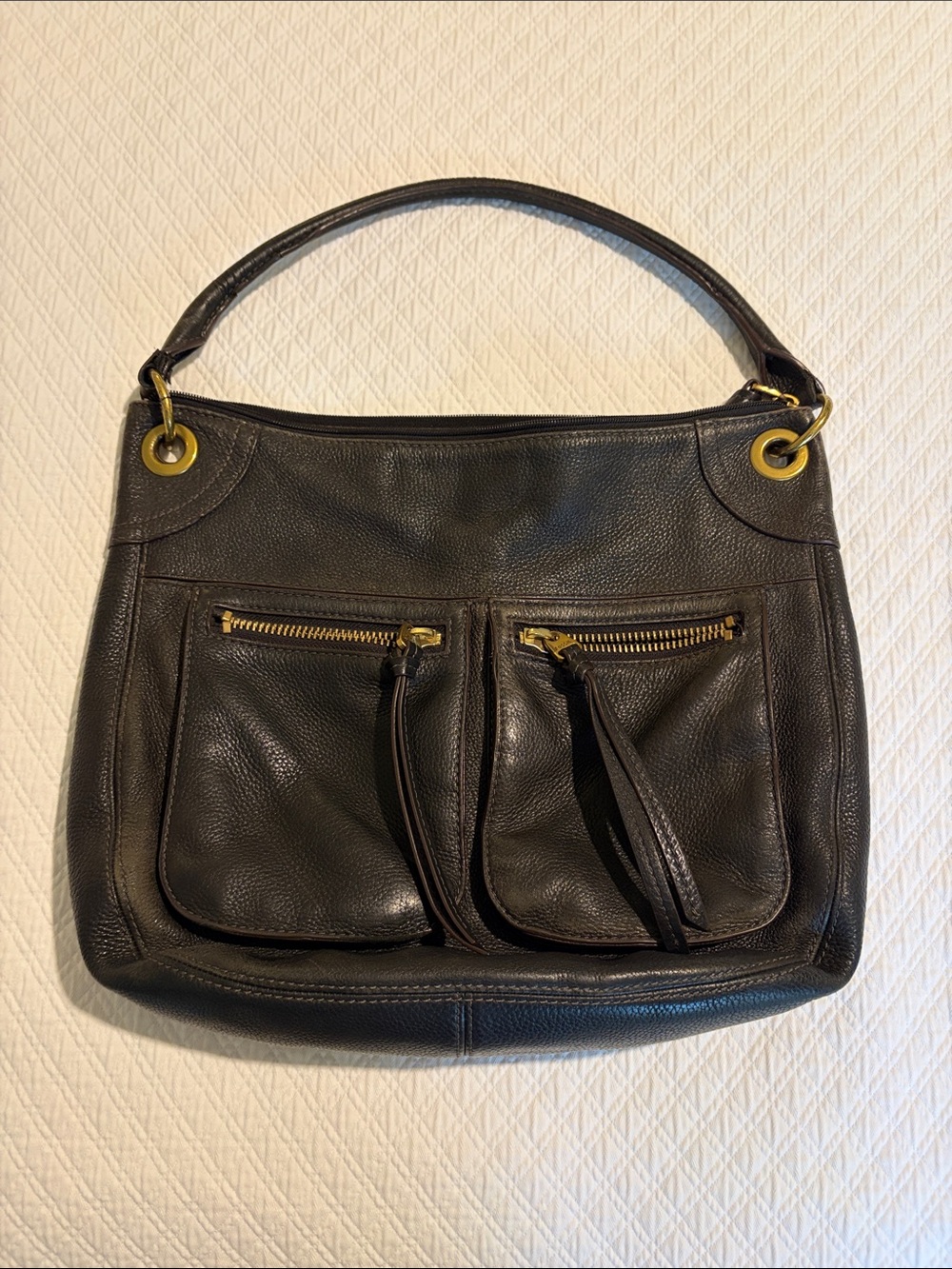 Fossil Black Leather Shoulder Hobo Bag with Front Zip Pockets